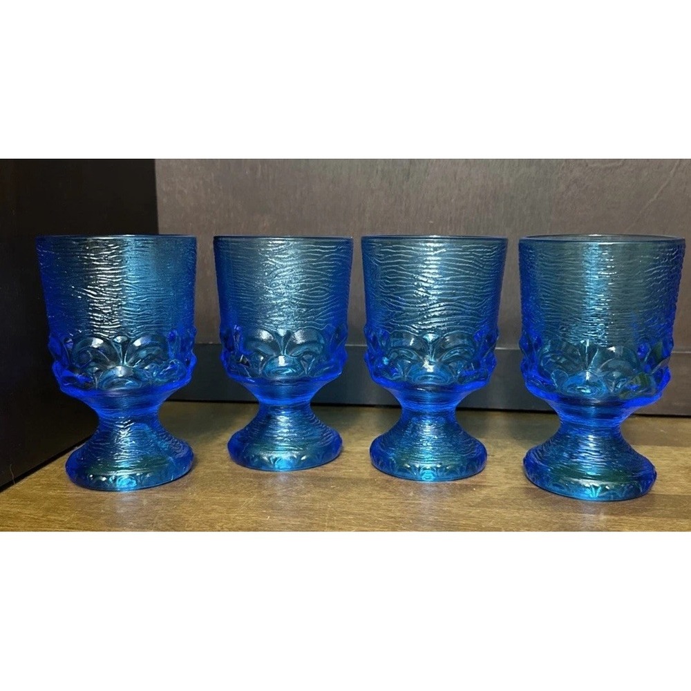 4 Brockway Glass Wine Goblets Monterey Blue Textured Footed Vintage 8 oz